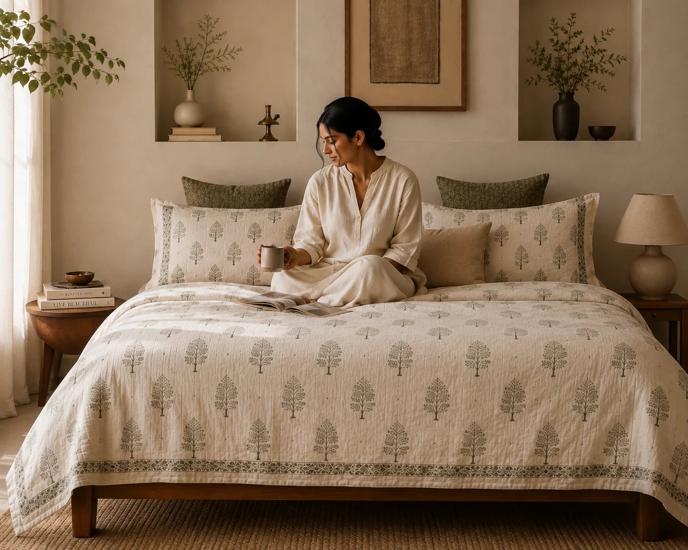 Sadagi printed bedding in a warm, sunlit bedroom